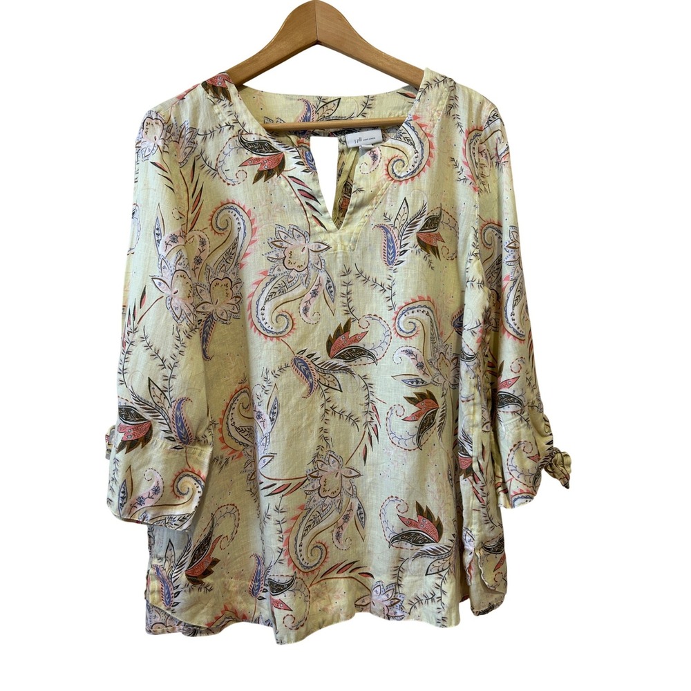 J. Jill Love Linen Tunic Size M Yellow Paisley Floral Tie Sleeve Top Beach Boho